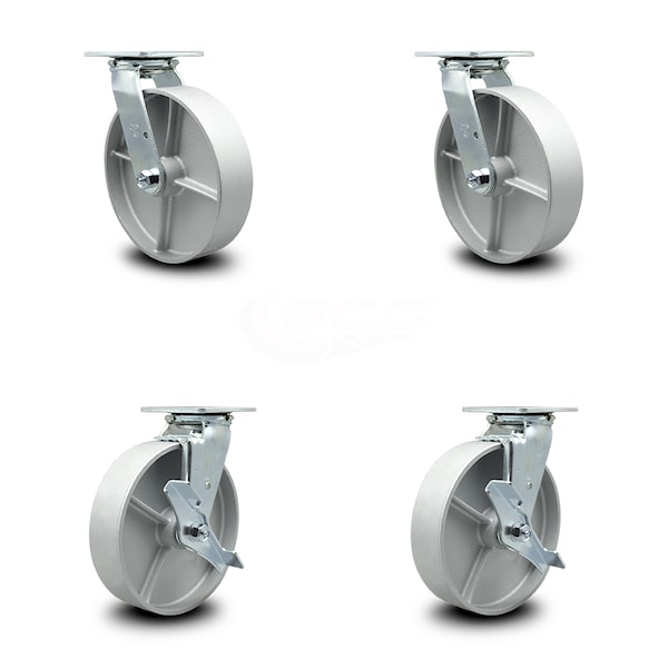 8 Inch Semi Steel Swivel Caster Set with Roller Bearings 2 Brakes